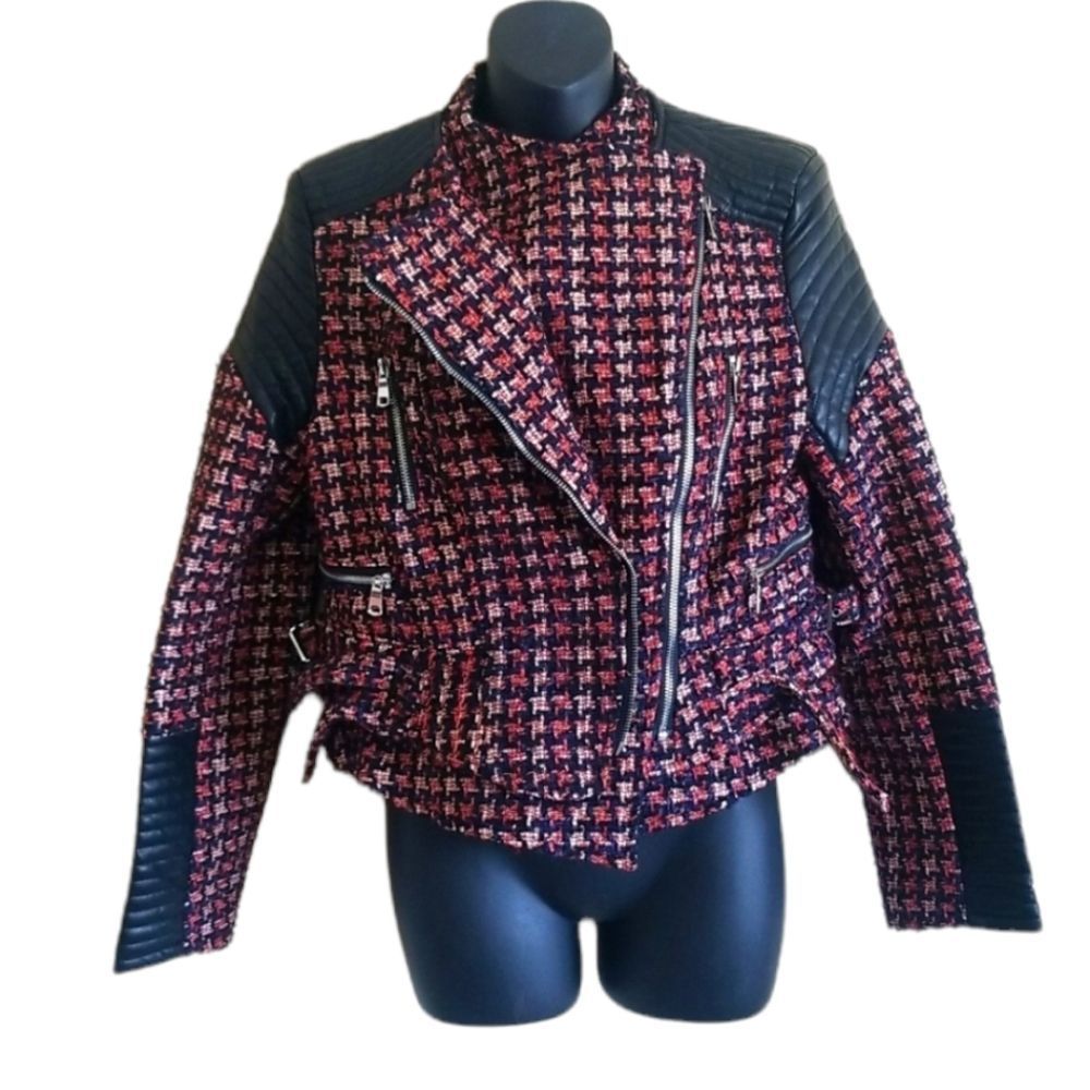 NWT Ivory & Chain  Tweed and Leather Biker Jacket size 14